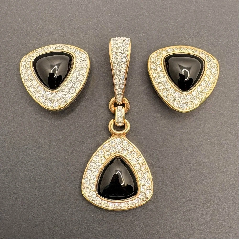 Vintage Swarovski SAL Crystal Pendant Clip‎ Earrings Set Gold Tone Glossy Black